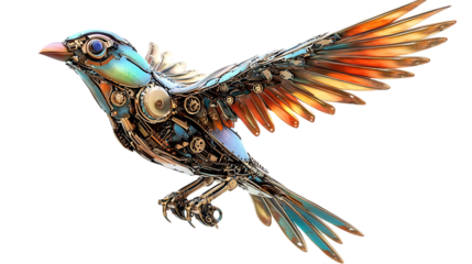A beautiful mechanical bird with steampunk aesthetic and colorful wings