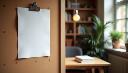 Empty white paper on wooden bulletin board in cozy office space