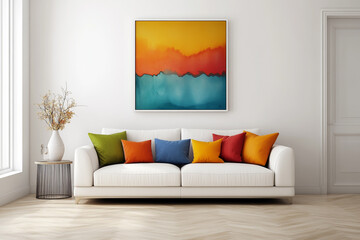 Large Living Room with White Walls Adorned with Colorful Art