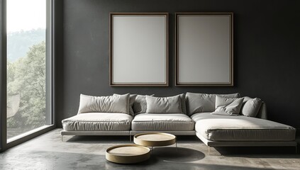 Modern sectional sofa, blank frames, scenic view, sunlit living room