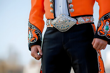 complete mariachi outfit featuring embellished charro pants and tailored jacket with silver buttons