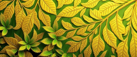 Intricate gold leaf pattern overlaid on lush green foliage texture, green pattern, nature background
