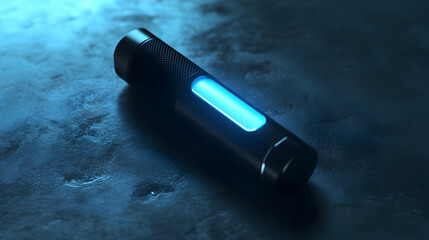 Compact black portable UV sterilizer with glowing blue light
