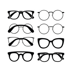 Sunglass silhouette icon set vector on white background set of black sunglasses and glasses silhouettes A set of glasses isolated. Vector glasses model icons. Sunglasses, glasses, isolated on white si