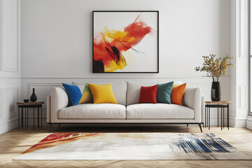 Large Living Room with White Walls Adorned with Colorful Art