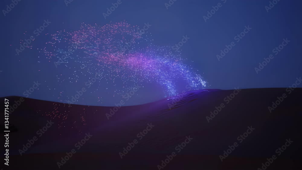 Poster vibrant sparks of color shooting from the sand dunes at twilight, creating a mesmerizing display aga