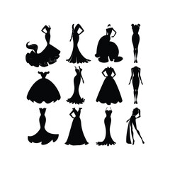 Set of woman little black dresses Set beautiful fashion girl silhouette on a white background Clothing- Fashion Silhouette silhouette dress