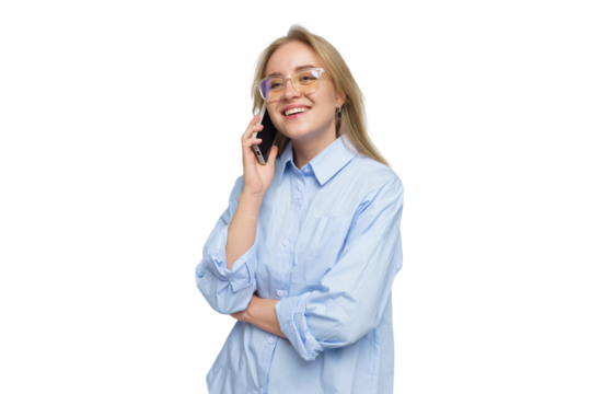 Young woman with glasses smiles while talking on the phone in a bright setting indoors - Powered by Adobe
