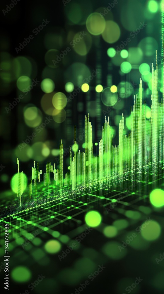 Poster abstract green data visualization with glowing lines and bokeh effect