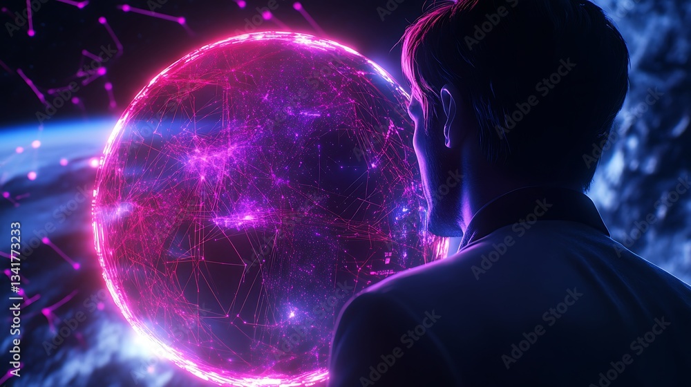 Poster a businessman surrounded by glowing holographic ai-powered robotic process automation (rpa) workflow
