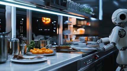 Futuristic culinary scene featuring an advanced robot chef preparing gourmet dishes in a high-tech kitchen