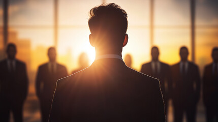 Fototapeta premium Conceptual image of leadership, teamwork and teambuilding. Businessman standing in front of a group of people