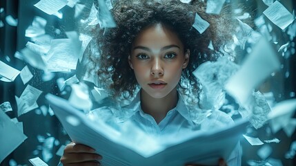 Woman reading document, papers flying, office, surreal