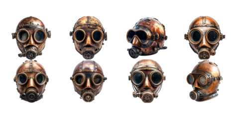 Collection of Eight Unique Steampunk Diving Helmets and Gas Masks isolated with Transparent Background