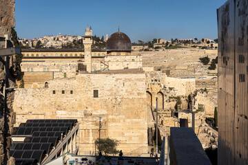 Jerusalem, Israel, March 16, 2025, View of the Dome of the Rock, an Islamic shrine at the center of the Al-Aqsa mosque compound, and the Temple Mount in the Old City.