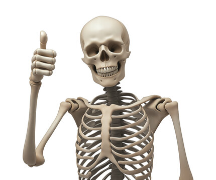Anatomical skeleton giving positive thumb up transparent image. Smiling skull. Humorous anatomy isolated cutout 3d render. Skeletal gesture cut out clipart design element png