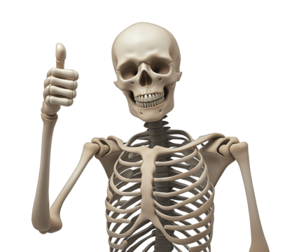 Anatomical skeleton giving positive thumb up transparent image. Smiling skull. Humorous anatomy isolated cutout 3d render. Skeletal gesture cut out clipart design element png