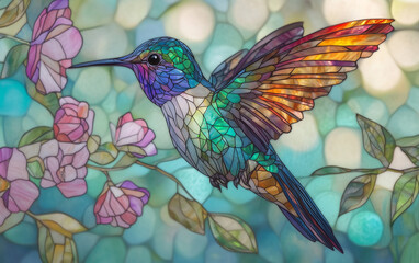 Fototapeta premium Stained Glass Style Hummingbird with Flowers Illustration on Bokeh Background