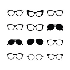 Sunglass silhouette icon set vector on white background set of black sunglasses and glasses silhouettes A set of glasses isolated. Vector glasses model icons. Sunglasses, glasses, isolated on white si