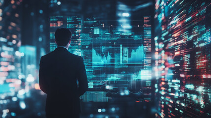 Fototapeta premium Professional business man working on a project together in the office Using economic growth charts and network connections to accompany the data. in Innovation analyzing future trends