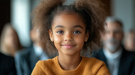 Girl smiles, adults blurred background, confident child, portrait, family event