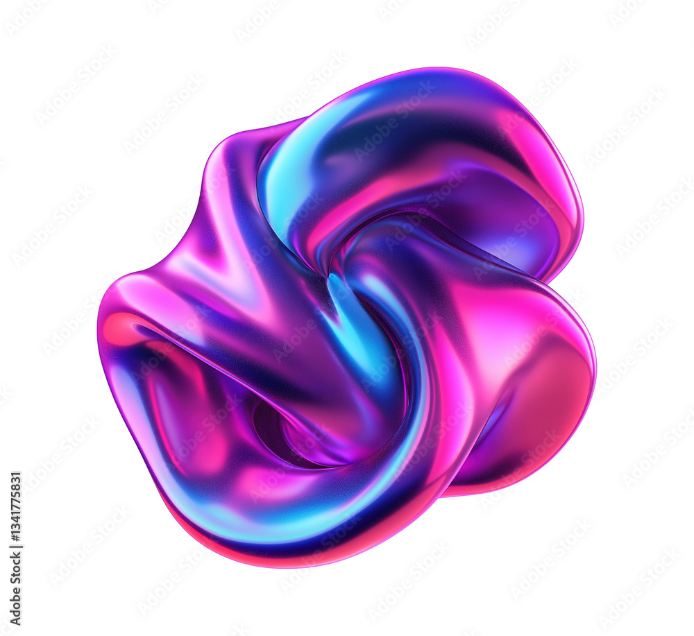 Poster abstract metallic fluid shape with neon glow transparent image. dynamic modern sculpture isolated cu