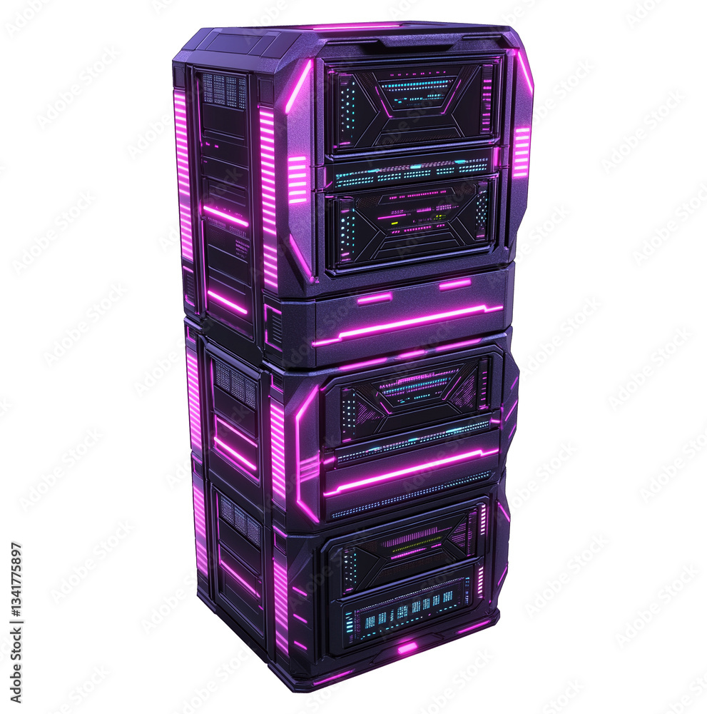 Poster sci-fi ai supercomputer server image isolated transparent. black and neon pink futuristic hightech s