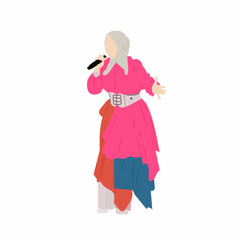 Female karaoke singer character wearing modern and fashionable clothes. Flat cartoon character vector with microphone in hand, signing songs and performing on stage. Music vocalist