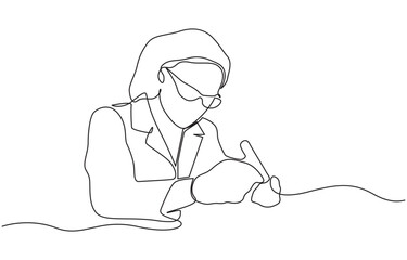 Continuous one line drawing of female scientist researching antibiotic formula using microscope, Single line art illustration of scientist and laboratory equipment Set. Editable vector.