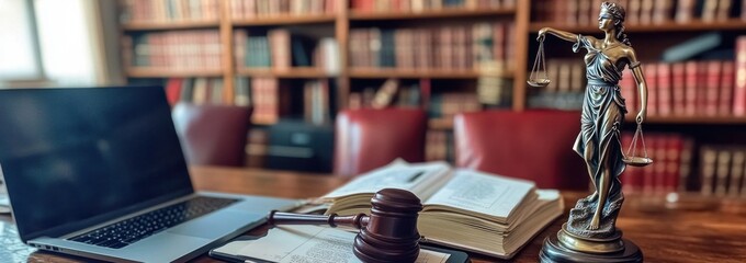 Law office, books, laptop, gavel, justice statue