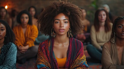 Woman leads diverse women's group meditation, indoor