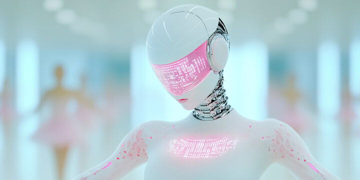 Ballerina ai robot performs graceful choreography in a glowing dance studio filled with elegance and innovation - Powered by Adobe