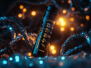 DNA double helix with glowing particles and scientific data overlay