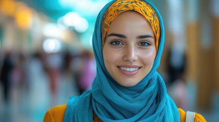 Smiling woman in hijab, public place, portrait.  Possible stock photo use