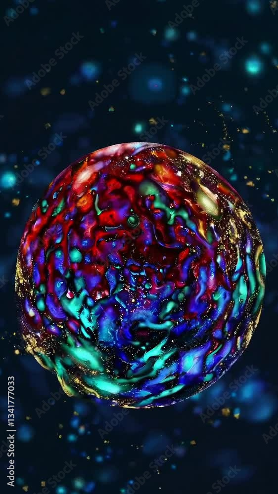 Poster vibrant multicolored sphere with dynamic particle flow in cosmic space