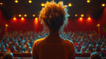 Girl speaker addressing large audience in theater