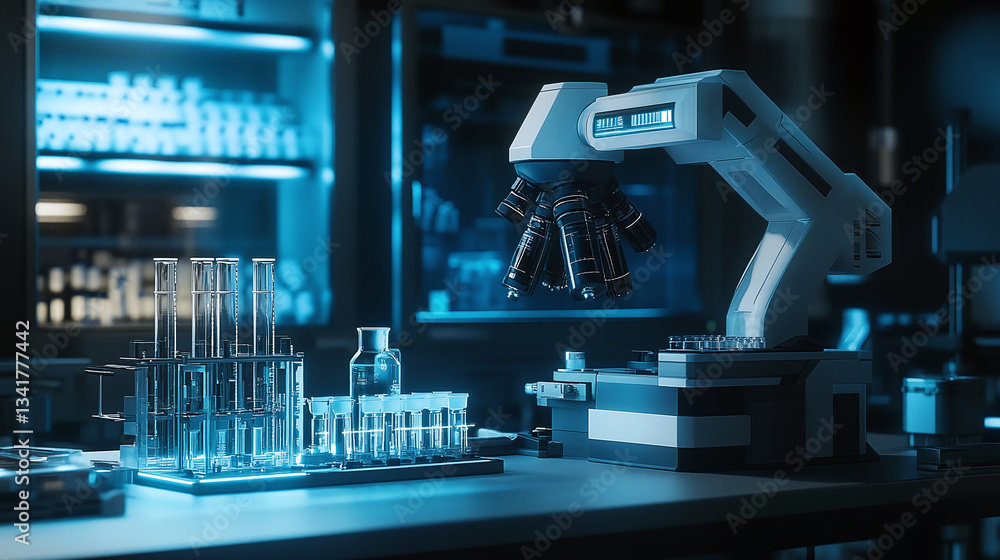 Poster futuristic biotechnology laboratory with ai technology and advanced research apparatus in a sci-fi s