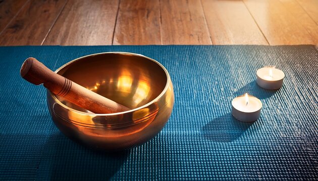  A sound bowl on a yoga mat with soft candlelight.