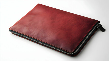 A red leather wallet or portfolio on a white background.
