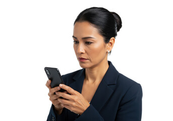 Fototapeta premium Portrait of businesswoman with mobile phone isolated on White background