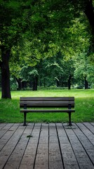 Serene park bench surrounded by lush greenery in a tranquil setting