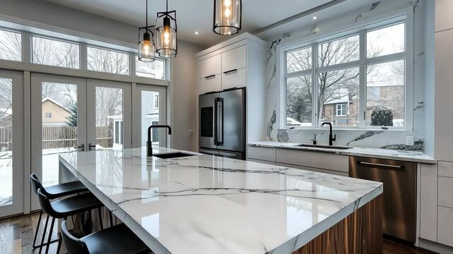 Modern kitchen design featuring elegant marble countertops and large windows on a snowy day