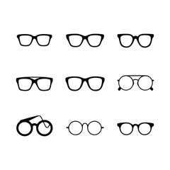 Sunglass silhouette icon set vector on white background set of black sunglasses and glasses silhouettes A set of glasses isolated. Vector glasses model icons. Sunglasses, glasses, isolated on white si