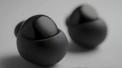 Two black, smooth, earbud cases or charging cases on a blurred gray background.
