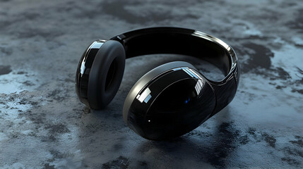 A pair of black over-ear headphones with a matte finish on a dark textured surface.
