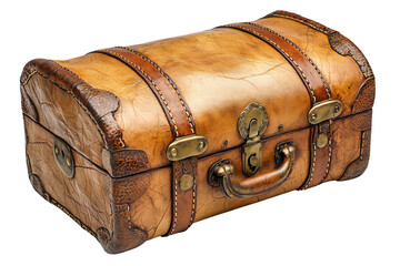 Vintage leather travel trunk with brass details on a white isolated background.