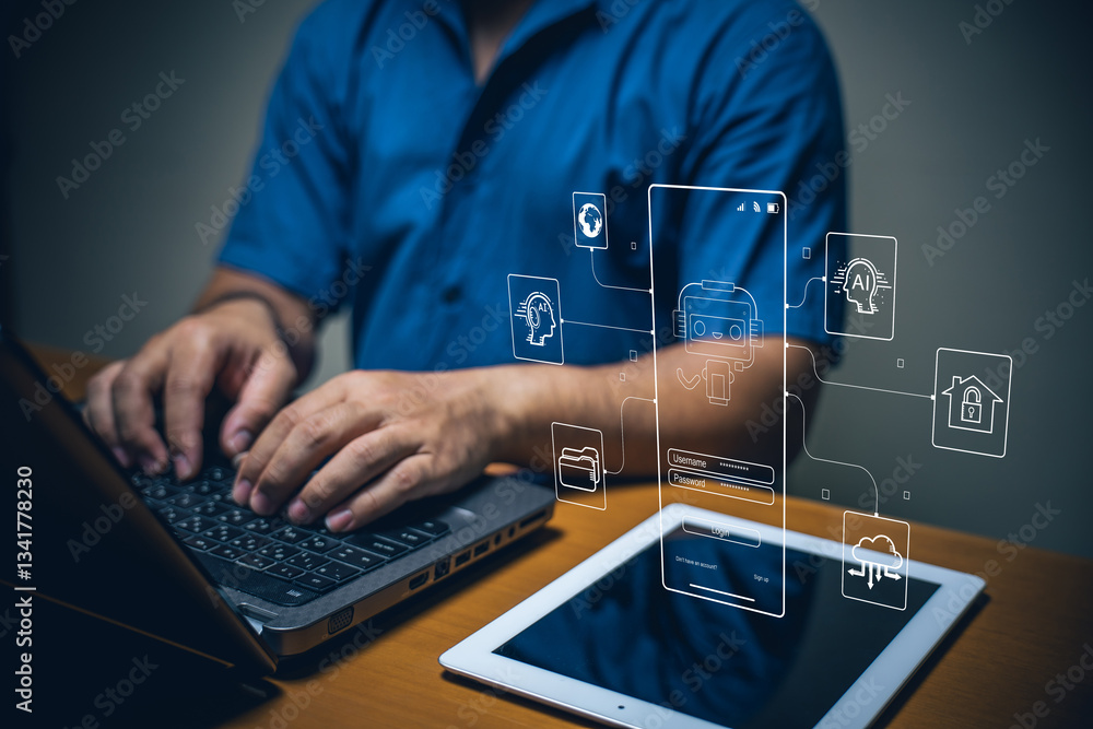 Poster tech innovation in action exploring ai integration at home office digital workspace modern viewpoint