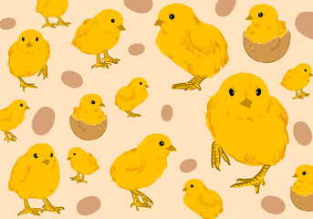 Cute baby chicks and hen hand drawn pattern vector illustration. Design for poster, cards, banner, wallpaper, textile.