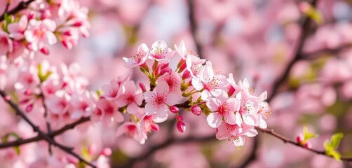Fototapeta premium Delicate pink blossoms in full bloom against a soft spring backdrop, blossom petals, spring blossom