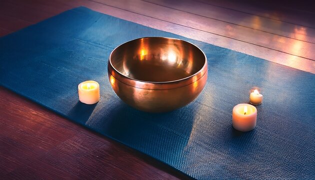  A sound bowl on a yoga mat with soft candlelight.